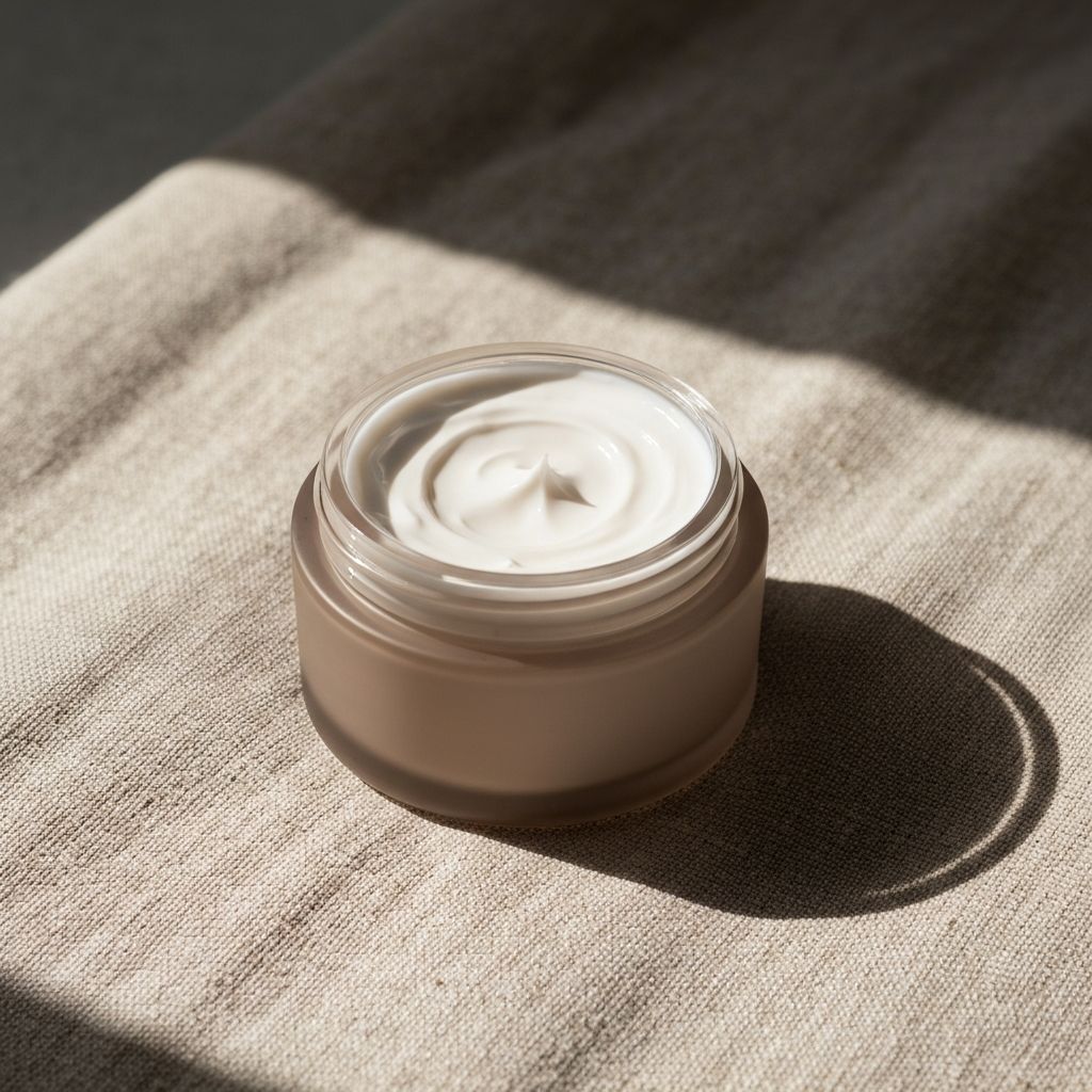 Crema facial en tono neutro sobre lino